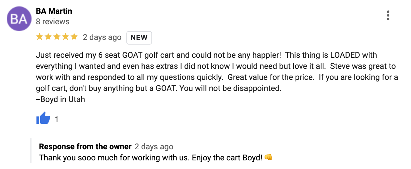 5-star Google review by BA Martin for GOAT Custom Golf Carts