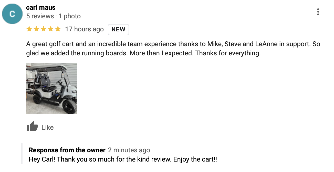 5-star Google review by Carl Maus for GOAT Custom Golf Carts