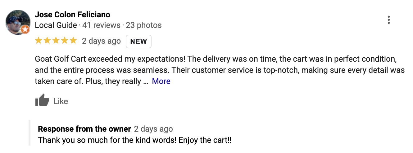 5-star Google review by Jose Colon Feliciano for GOAT Custom Golf Carts