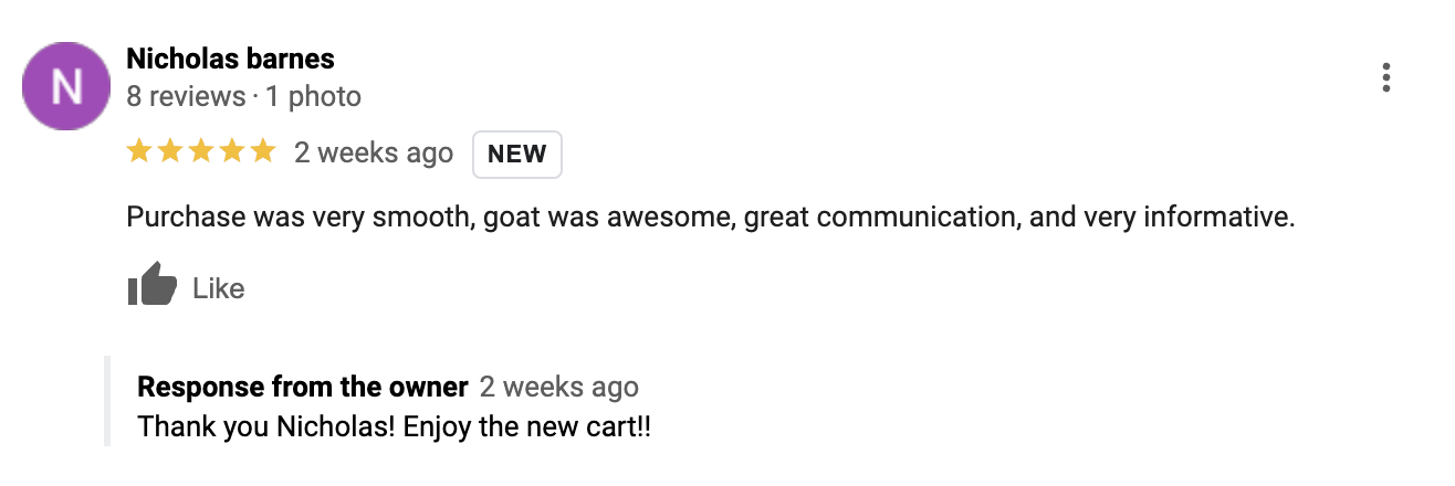 5-star Google review by Nicholas Barnes for GOAT Custom Golf Carts
