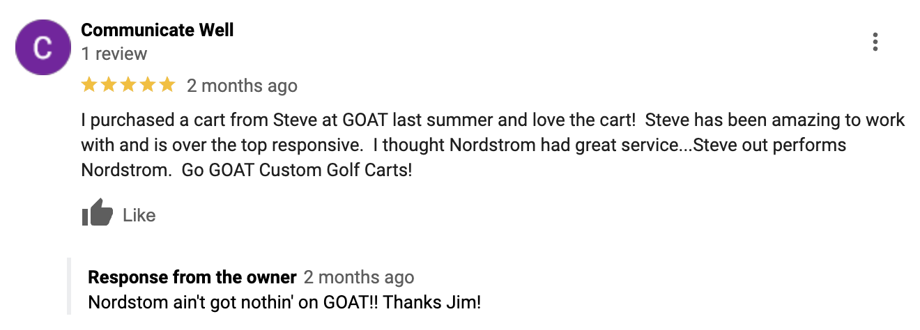 5-star Google review by Communicate Well for GOAT Custom Golf Carts