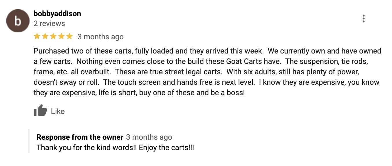 5-star Google review by Bobby Addison for GOAT Custom Golf Carts
