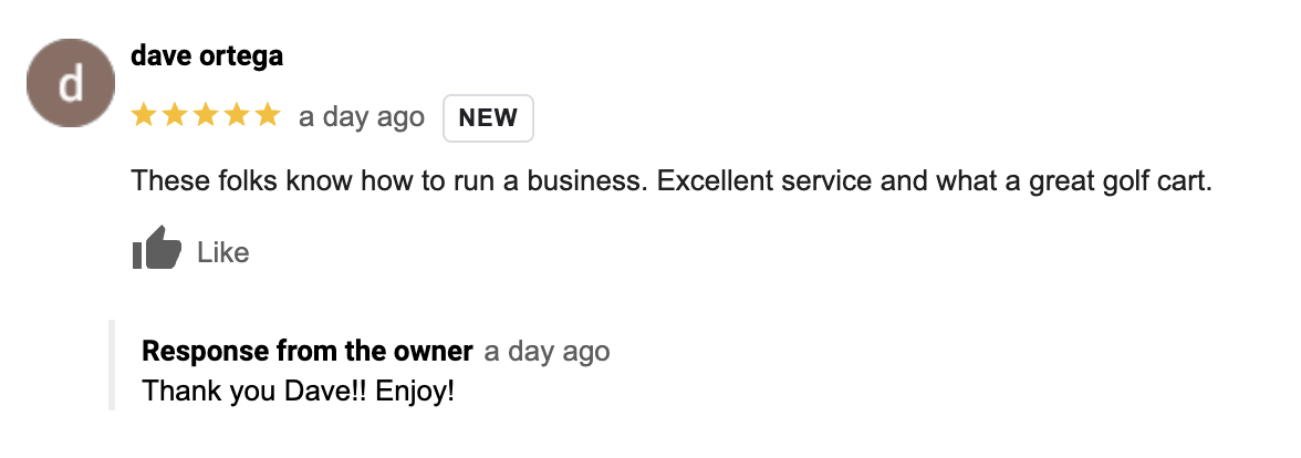 5-star Google review by Dave Ortega for GOAT Custom Golf Carts