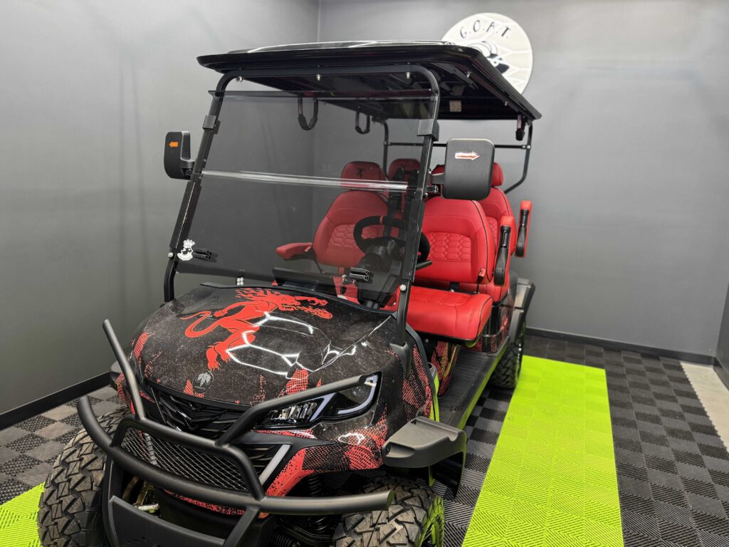 Front view of the Fireball Whisky custom golf cart wrap by GOAT Custom Golf Carts