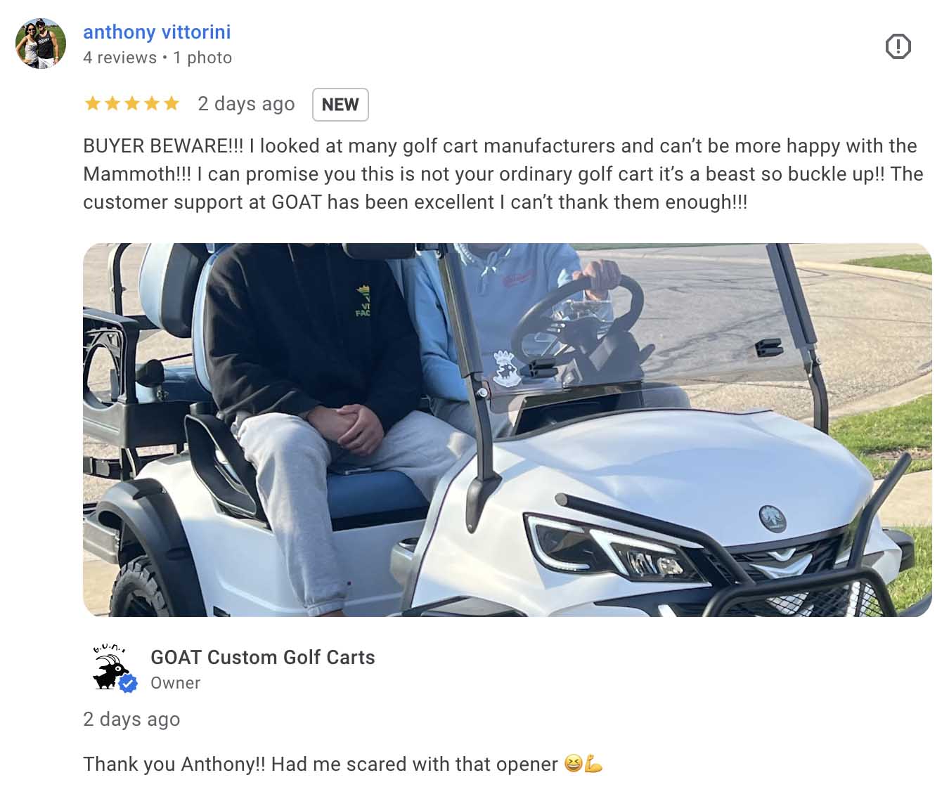 5-star Google review by Anthony Vittorini for GOAT Custom Golf Carts