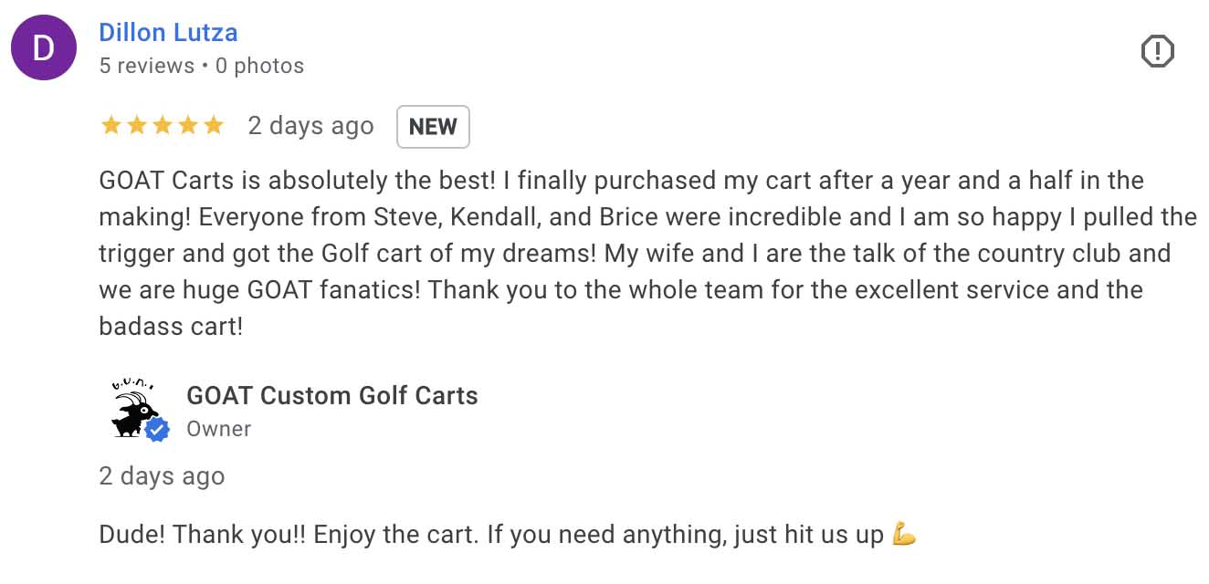 5-star Google review by Dillon Lutza for GOAT Custom Golf Carts