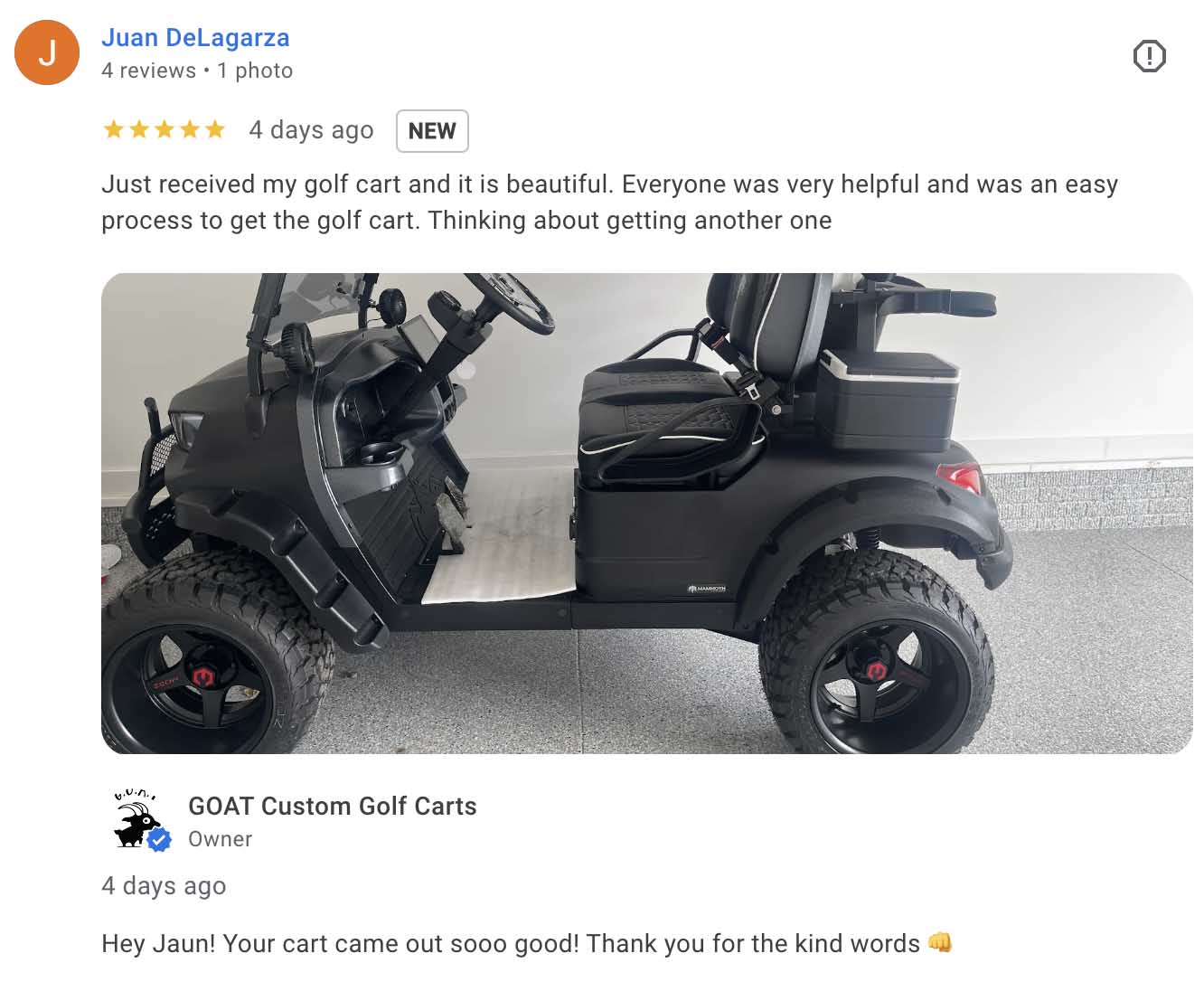 5-star Google review by Juan DeLagarza for GOAT Custom Golf Carts