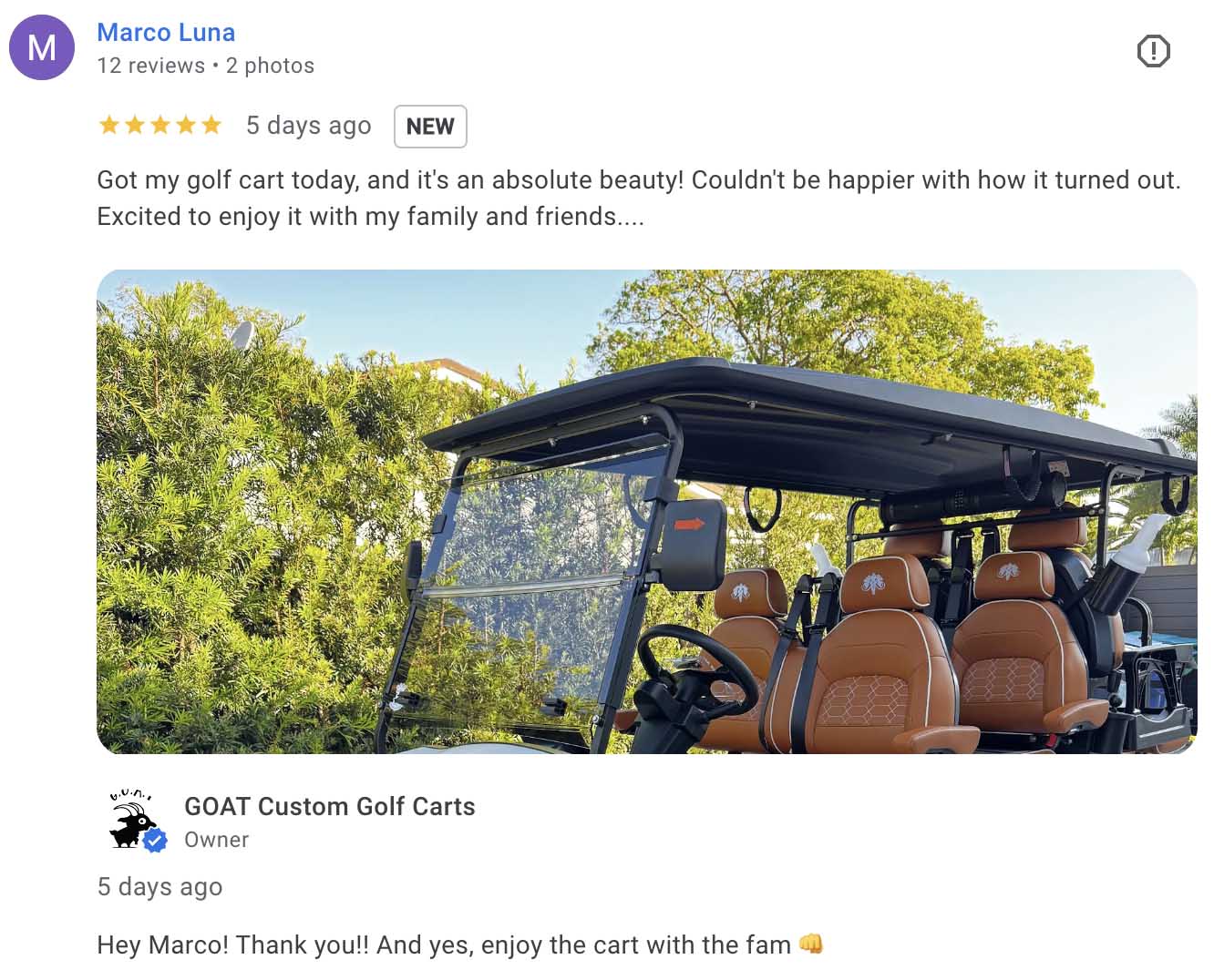 5-star Google review by Marco Luna for GOAT Custom Golf Carts