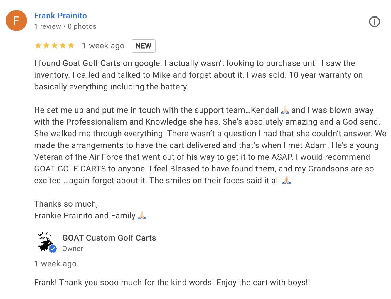 5-star Google review by Frank Prainito for GOAT Custom Golf Carts