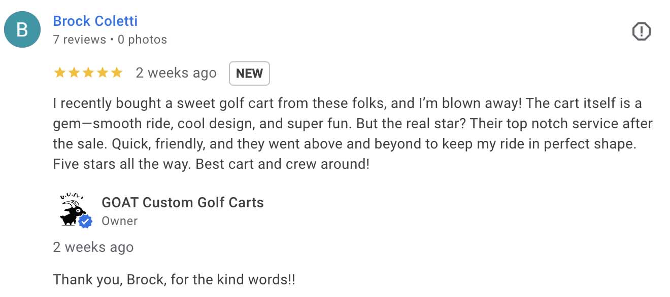 5-star Google review by Brock Coletti for GOAT Custom Golf Carts