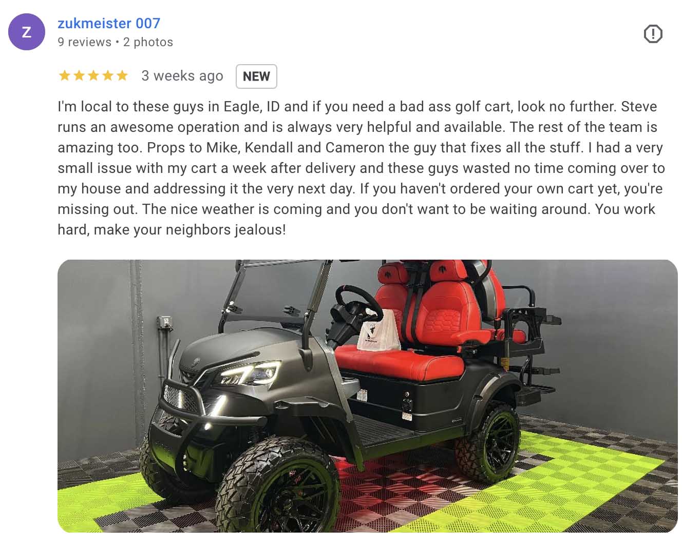 5-star Google review by Mr. Z for GOAT Custom Golf Carts