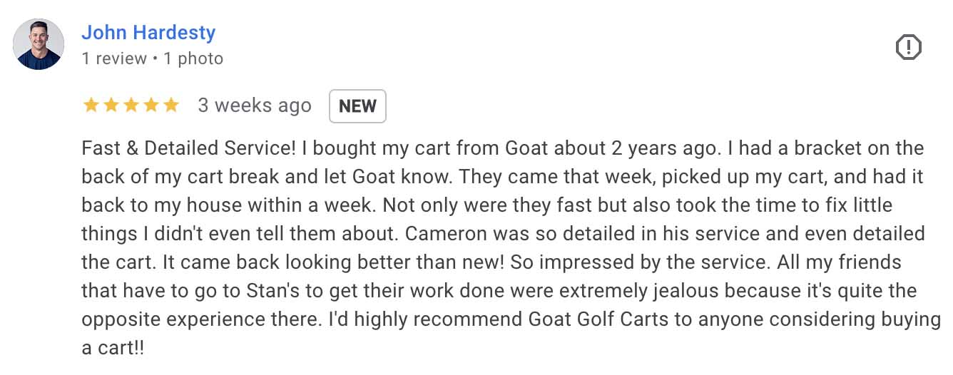 5-star Google review by John Hardesty for GOAT Custom Golf Carts