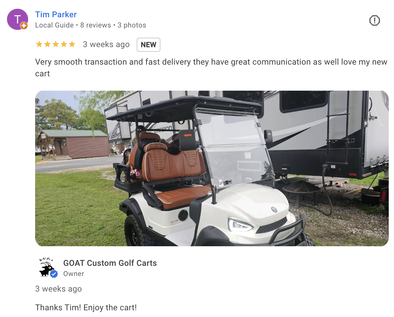 5-star Google review by Tim Parker for GOAT Custom Golf Carts