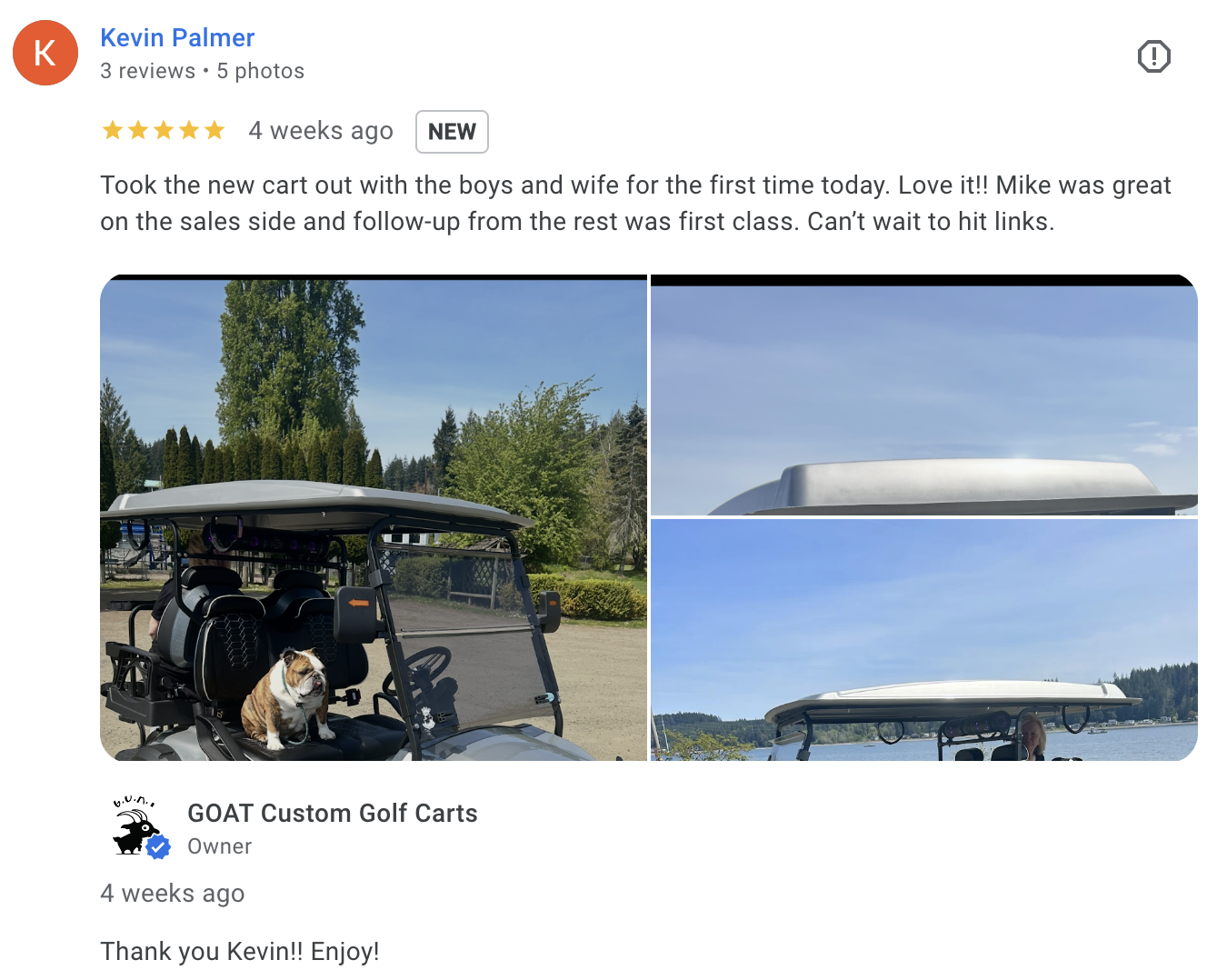 5-star Google review by Kevin Palmer for GOAT Custom Golf Carts