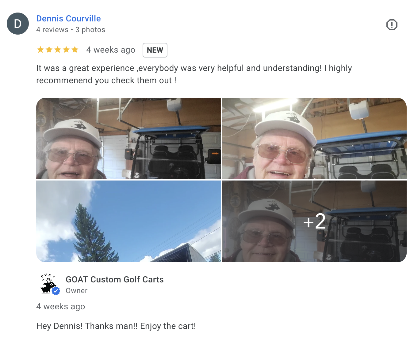 5-star Google review by Dennis Courville for GOAT Custom Golf Carts