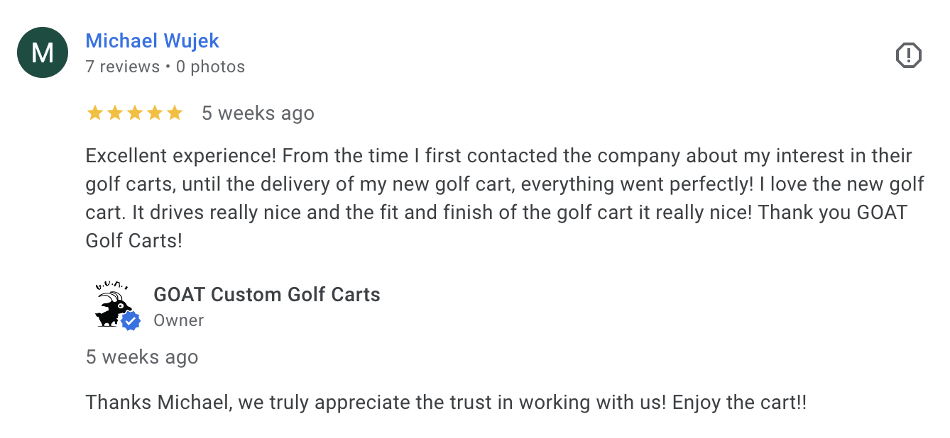 5-star Google review by Michael Wujek for GOAT Custom Golf Carts