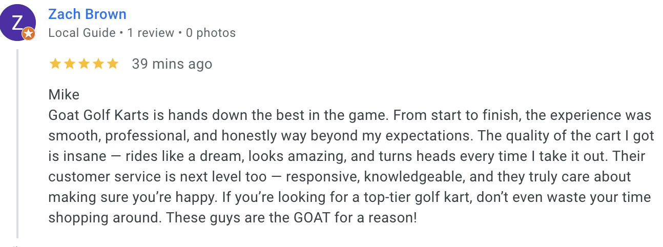 5-star Google review by Zach Brown for GOAT Custom Golf Carts