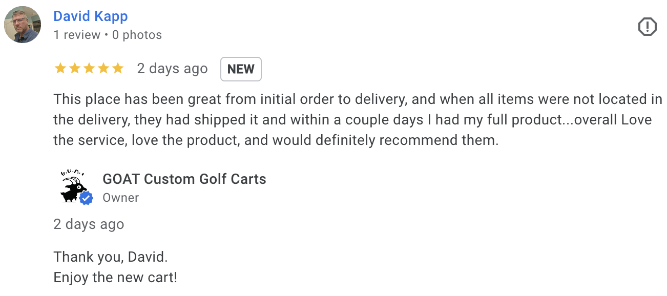 5-star Google review by David Kapp for GOAT Custom Golf Carts