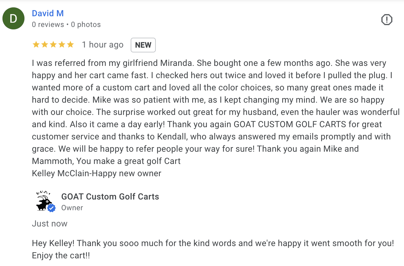 5-star Google review by David M for GOAT Custom Golf Carts
