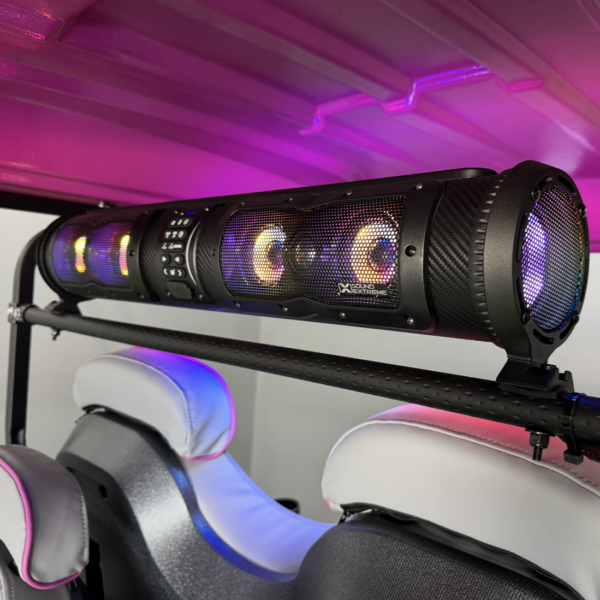 LED soundbar with six speakers and RGB lighting on a golf cart