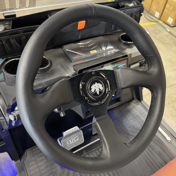 Premium leather steering wheel in a MammothEV golf cart