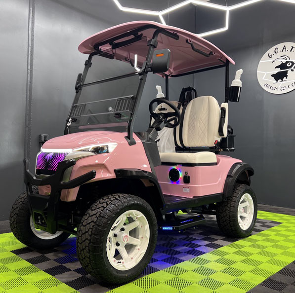 Rosé pink MammothEV XR2 custom golf cart delivered to West Glacier, MT