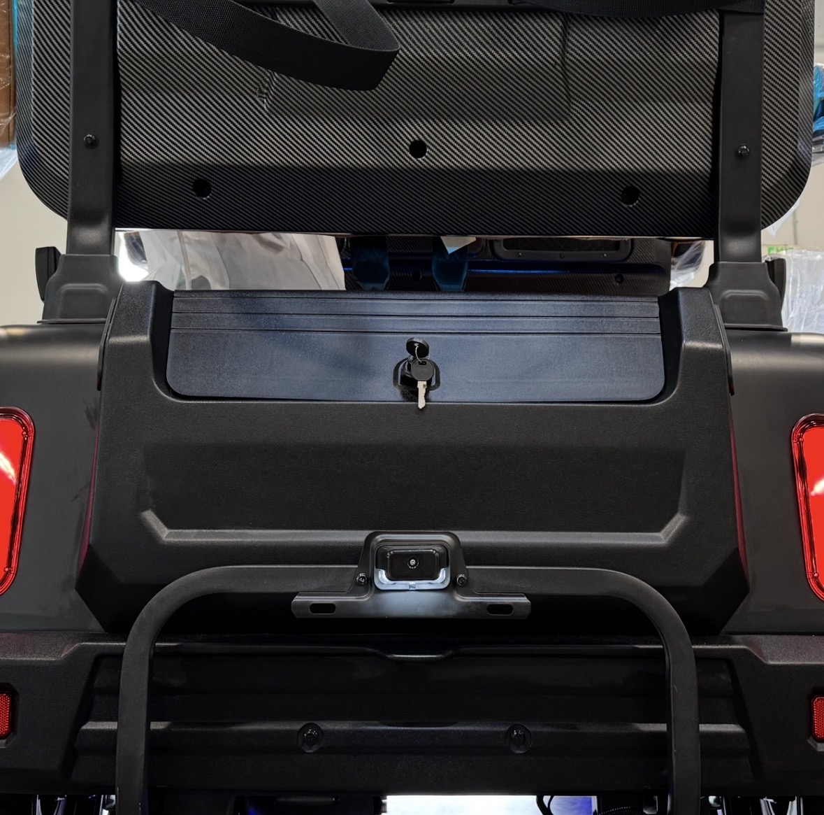 Rear storage trunk available for XR2 and XR4F MammothEV custom golf cart