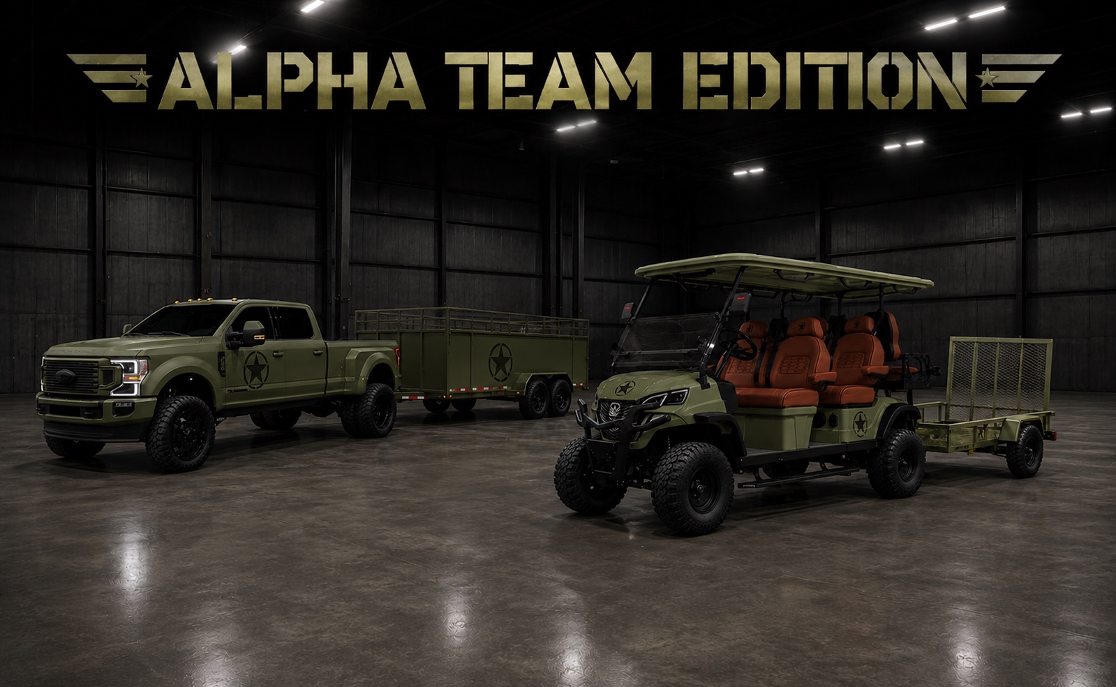 GOAT Alpha Team Edition - army-green tactical custom golf cart beside a military green Ford Super Duty