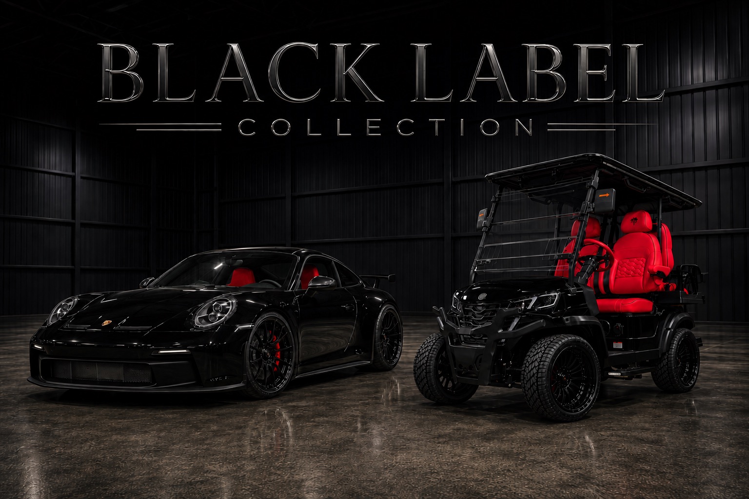 GOAT Black Label Collection - blacked-out custom golf cart with red leather interior beside a black Porsche 911 GT3
