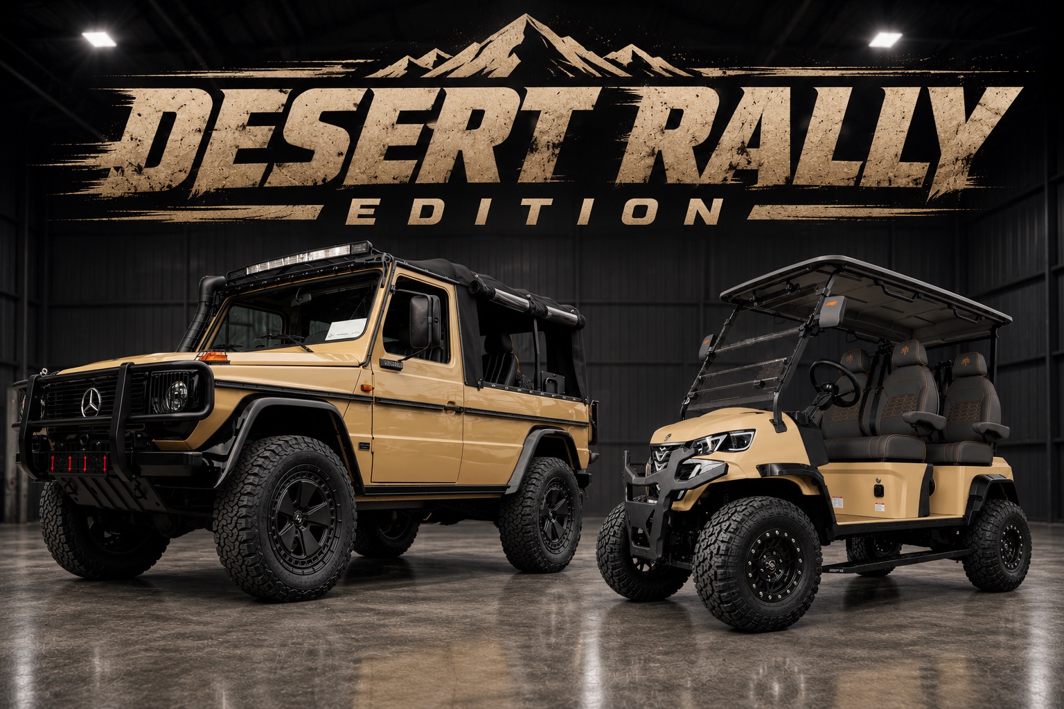GOAT Desert Rally Edition - desert-tan off-road custom golf cart beside a tan Mercedes-Benz G-Class