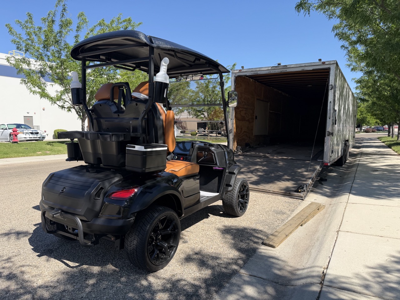 GOAT Custom Golf Carts custom golf cart loaded in an enclosed trailer for delivery (delivery #9)