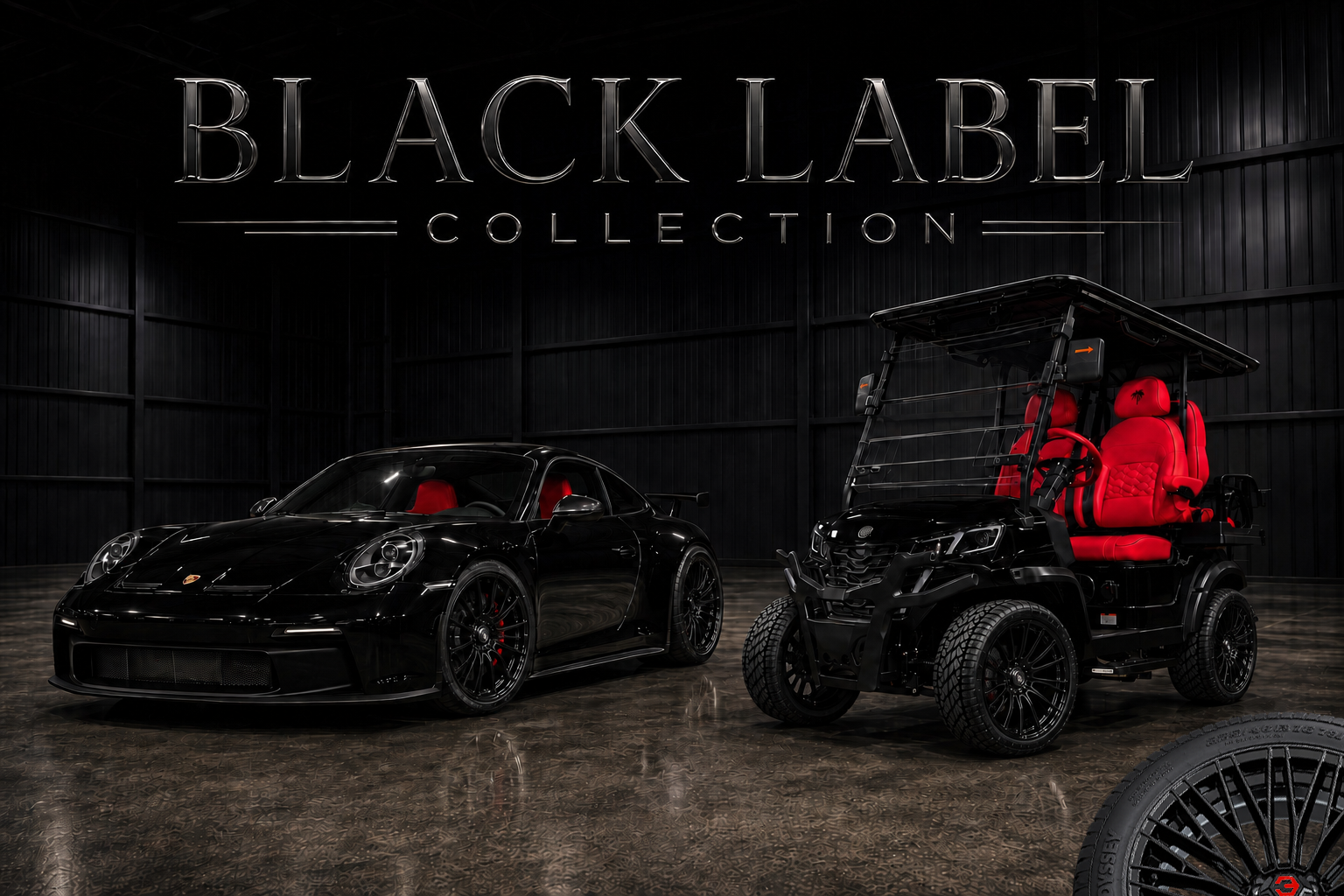 GOAT Black Label Collection - blacked-out custom golf cart with red leather interior beside a black Porsche 911 GT3