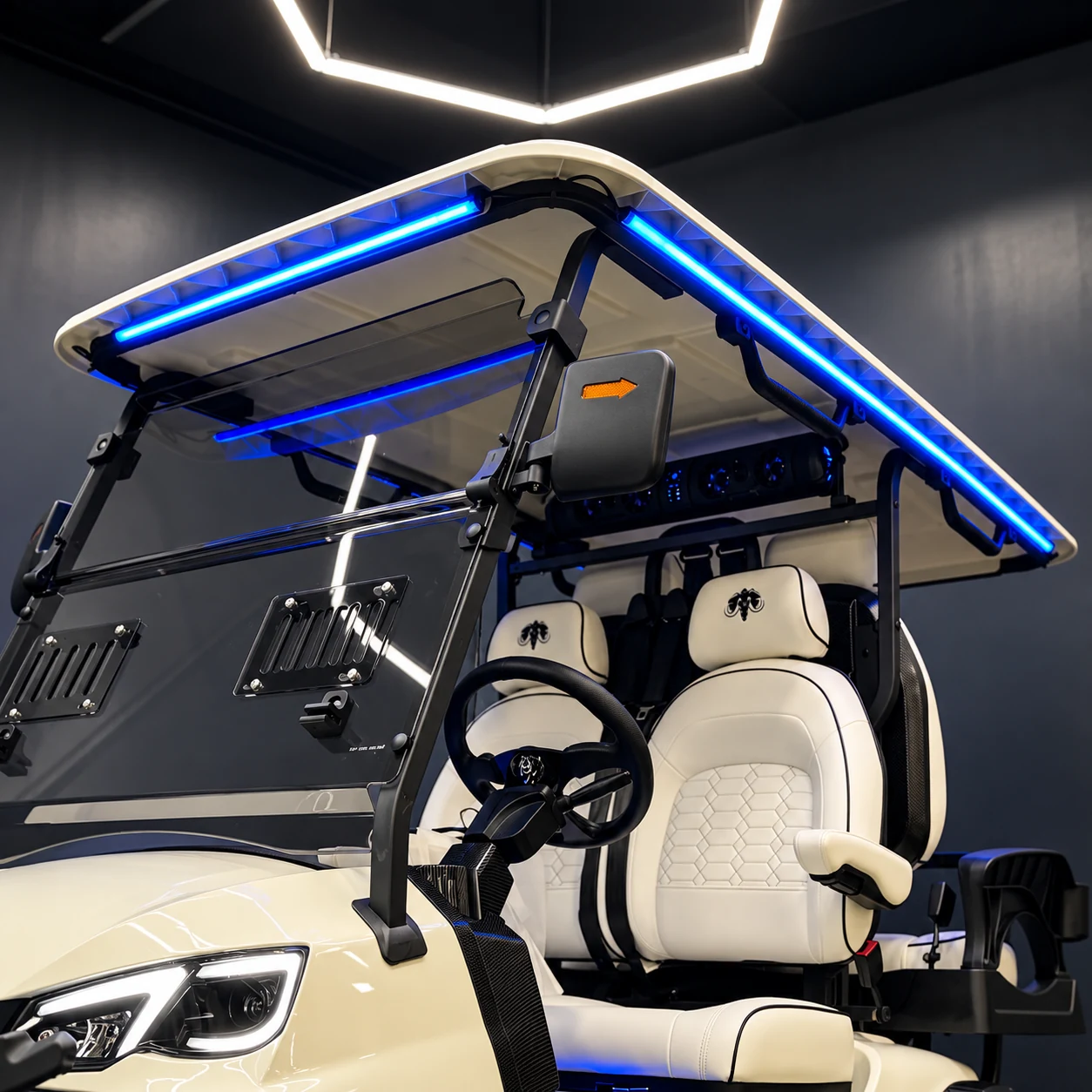 Full wrapping roof LED strips on a MammothEV custom golf cart